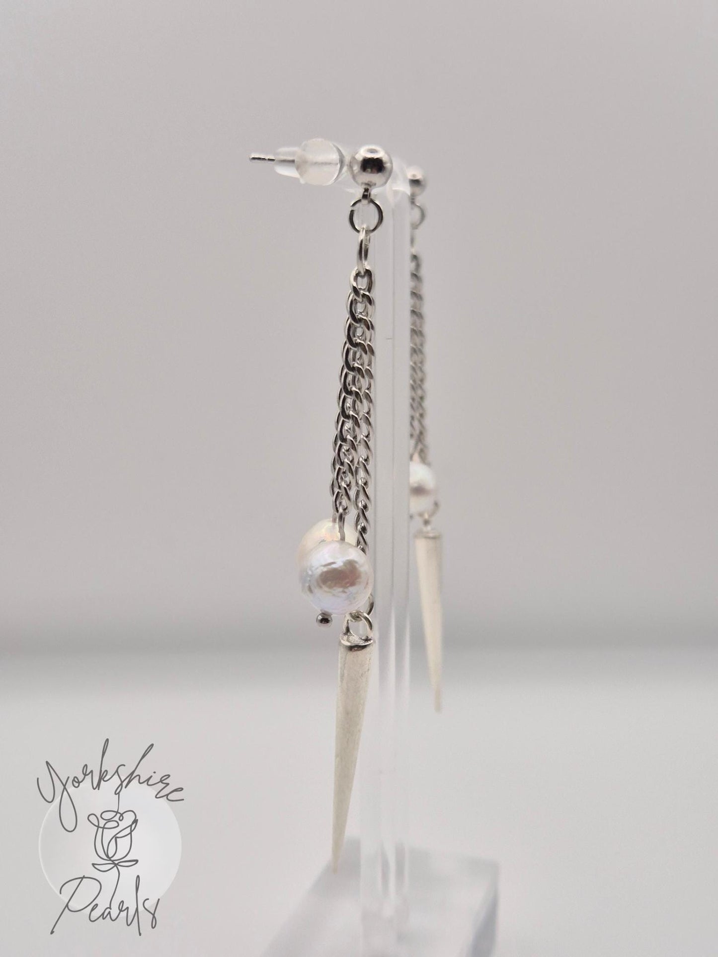 Dramatic Drop Earrings with Baroque Pearls and Edgy Spikes
