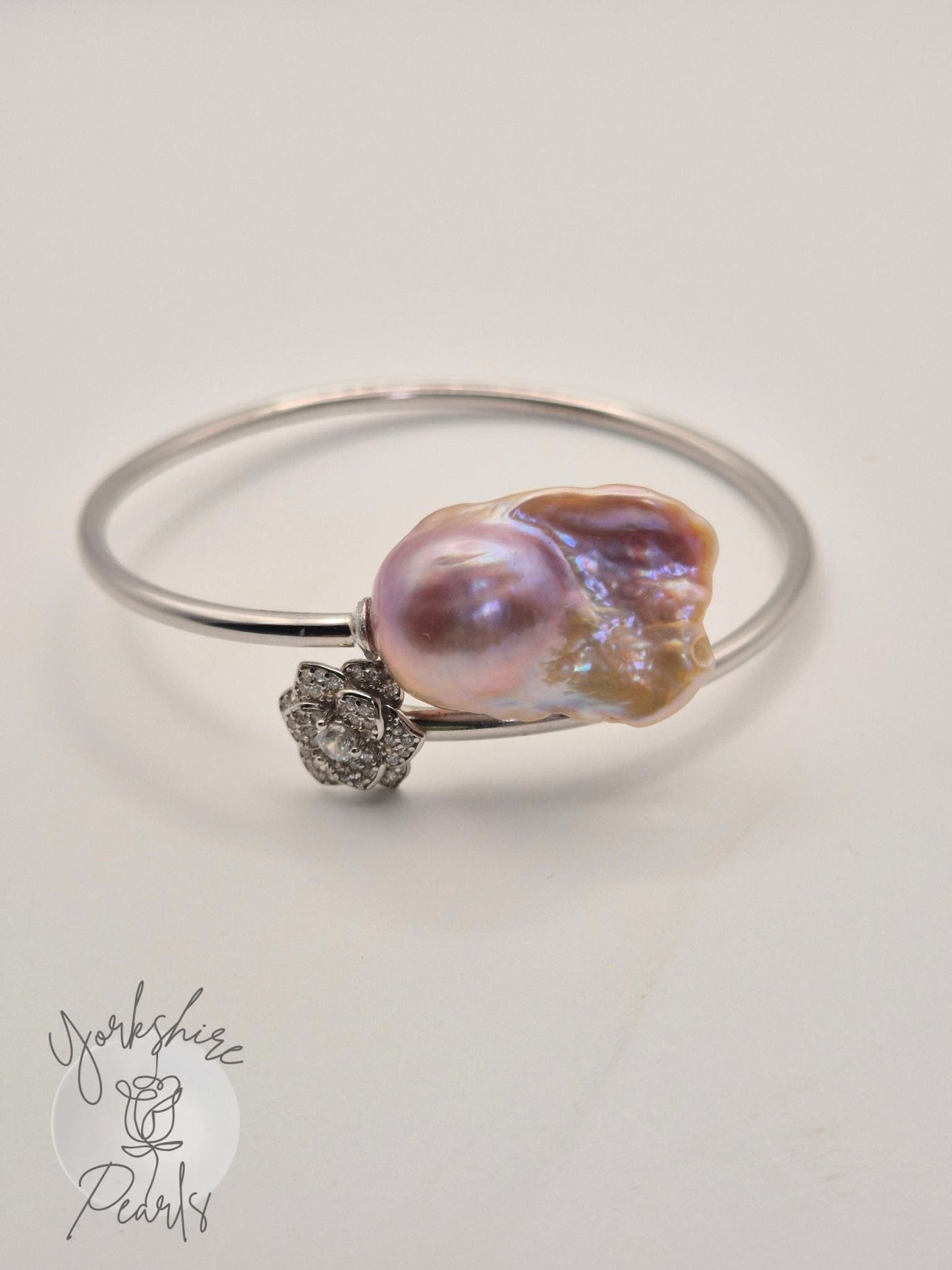 The King Flower Sterling Silver Bangle - Large Baroque Pearl