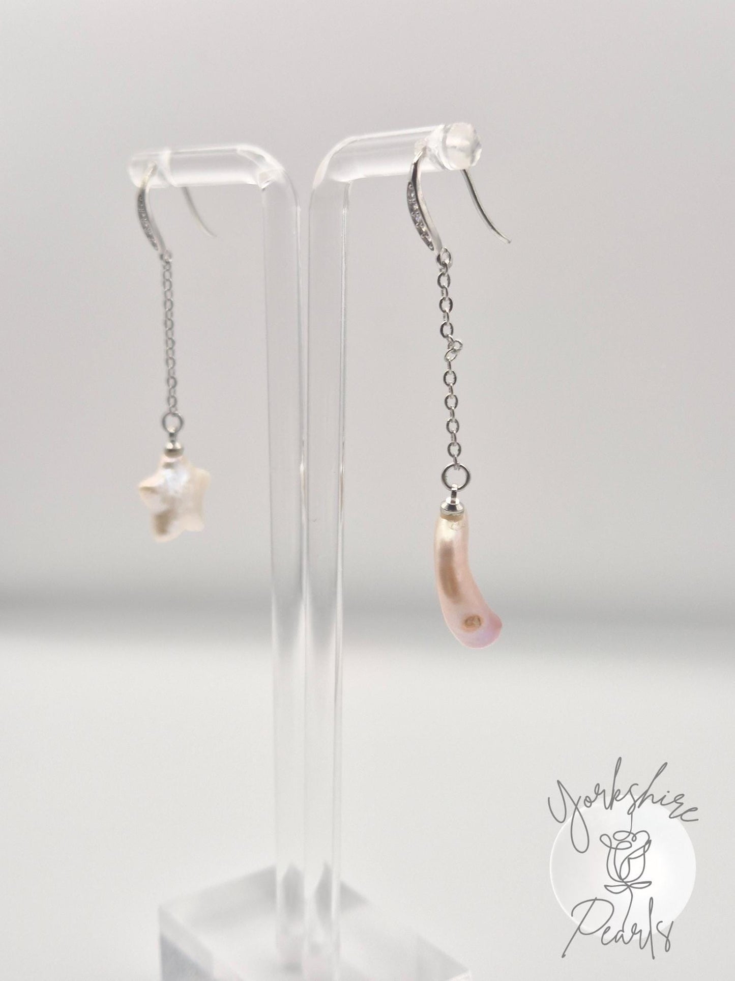 Star & Moon Pearl Drop Earrings - Sterling Silver