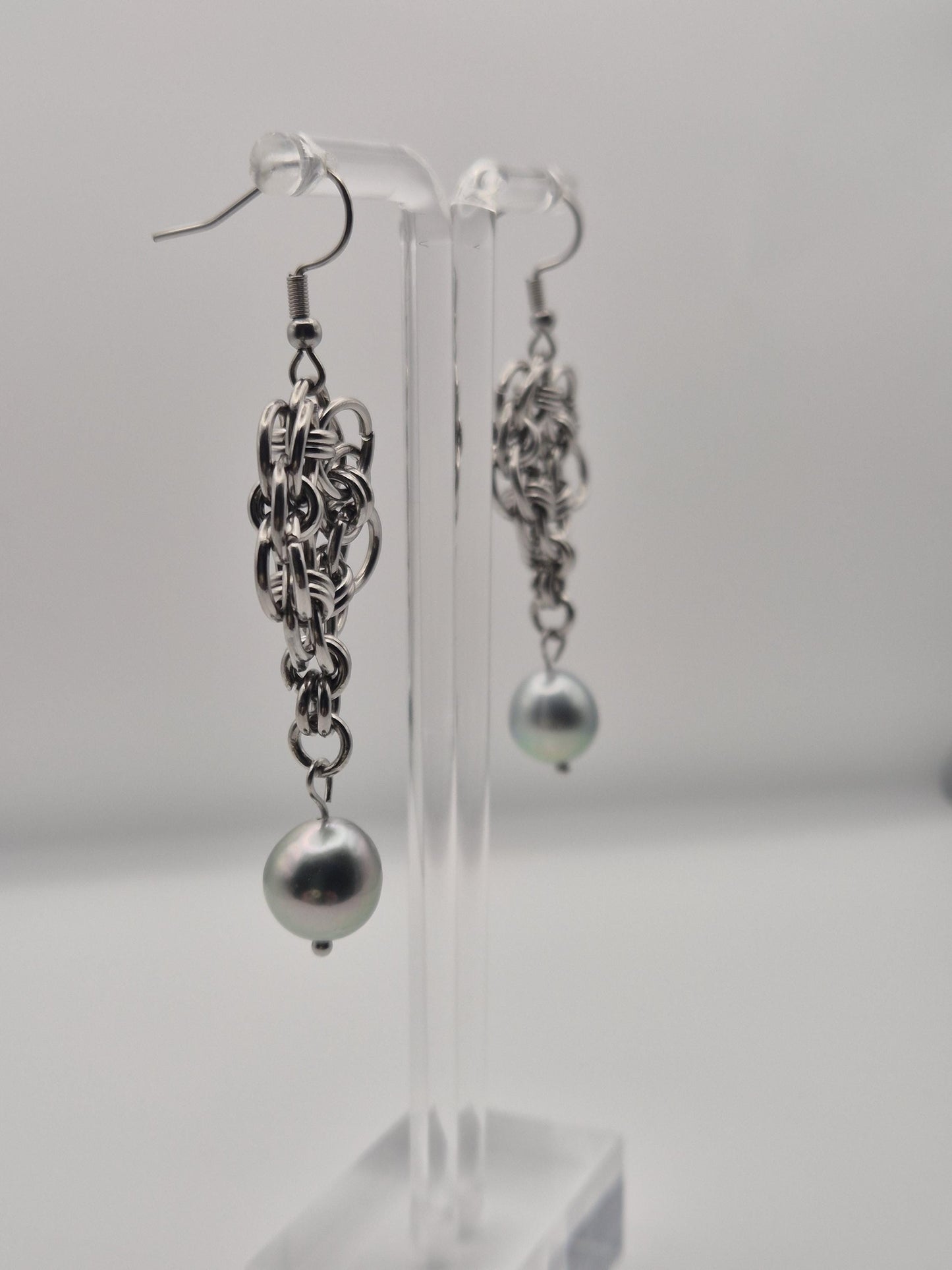 Chainmaille Knot Earrings With Rare Silver Metallic Black Tahitian Pearls