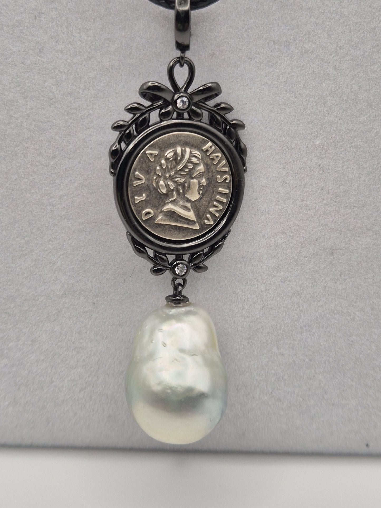 Vintage Coin Pendant with Baroque Australian White Pearl - Sterling Silver