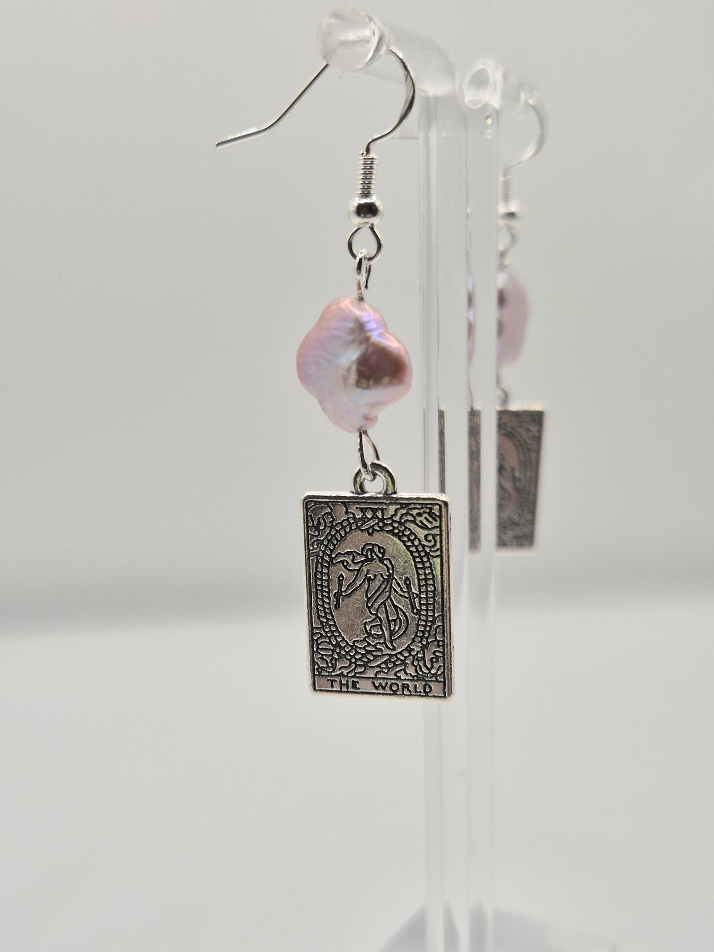 The World Tarot Card Earrings with Clover Pearls