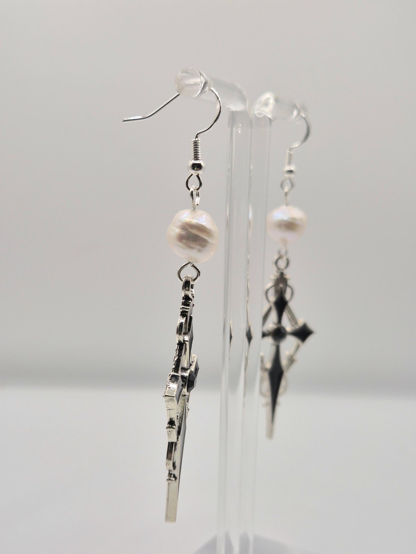 Gothic Cross Pearl Drop Earrings