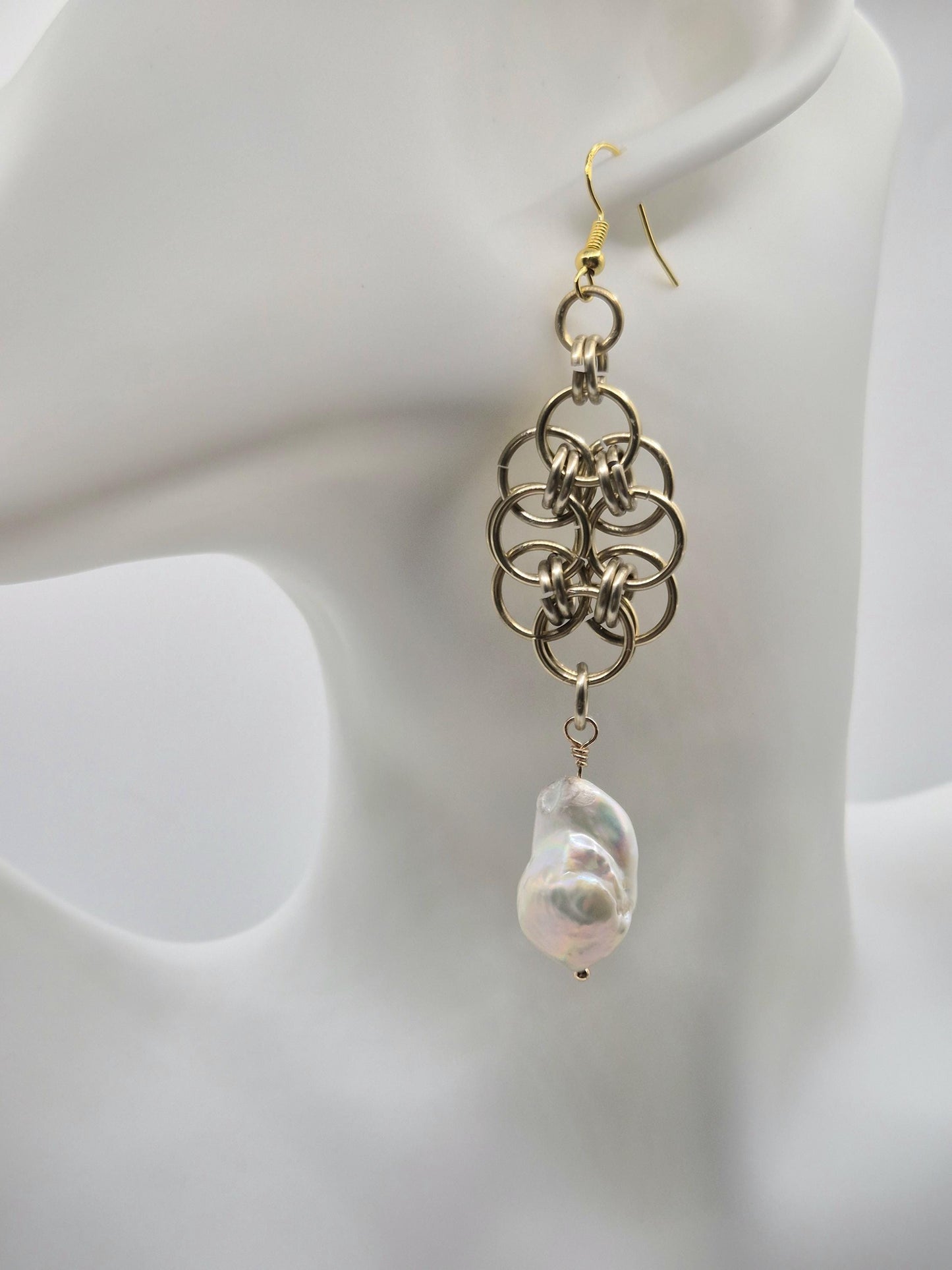 Baroque Pearl Golden Chainmaille Earrings