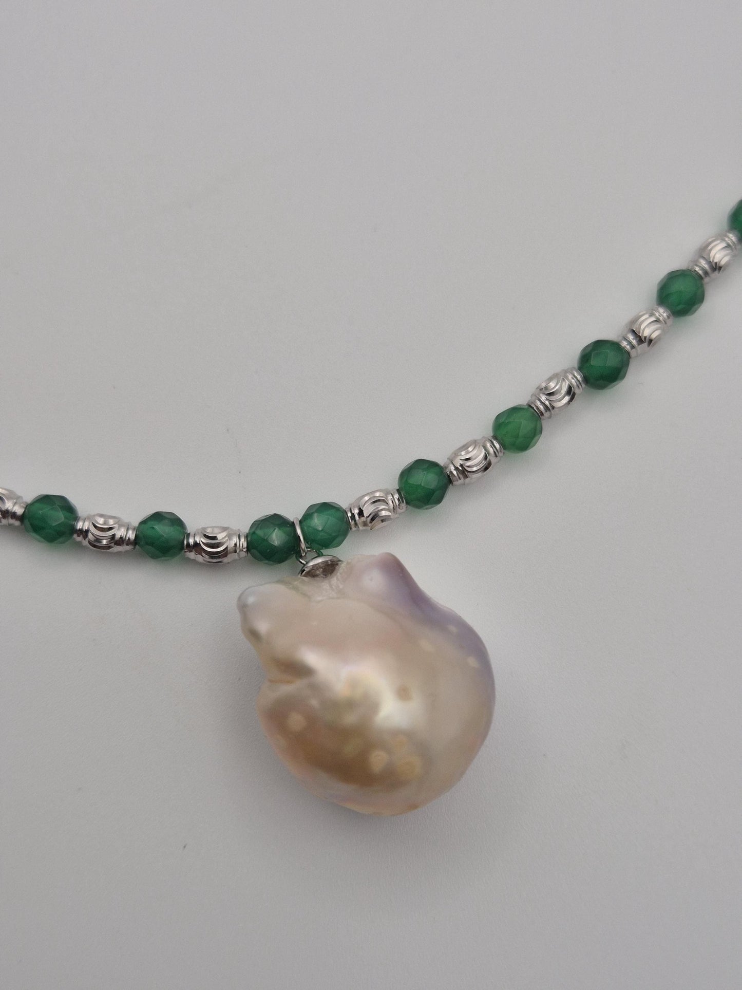 Jade & Stirling Silver Necklace with Baroque Pearl