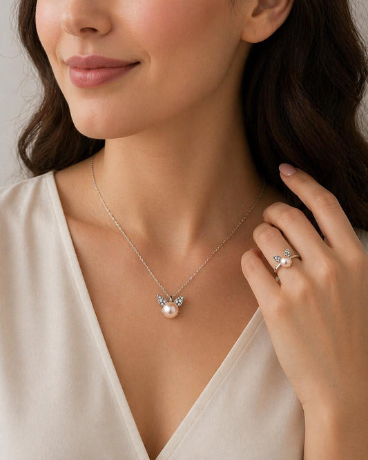 Graceful Butterfly Ring & Pendant Edison Pearl Set