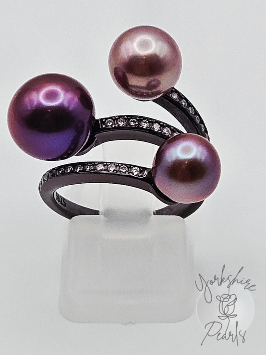 Triple Pearl Black Band Sparkle Ring - Sterling Silver