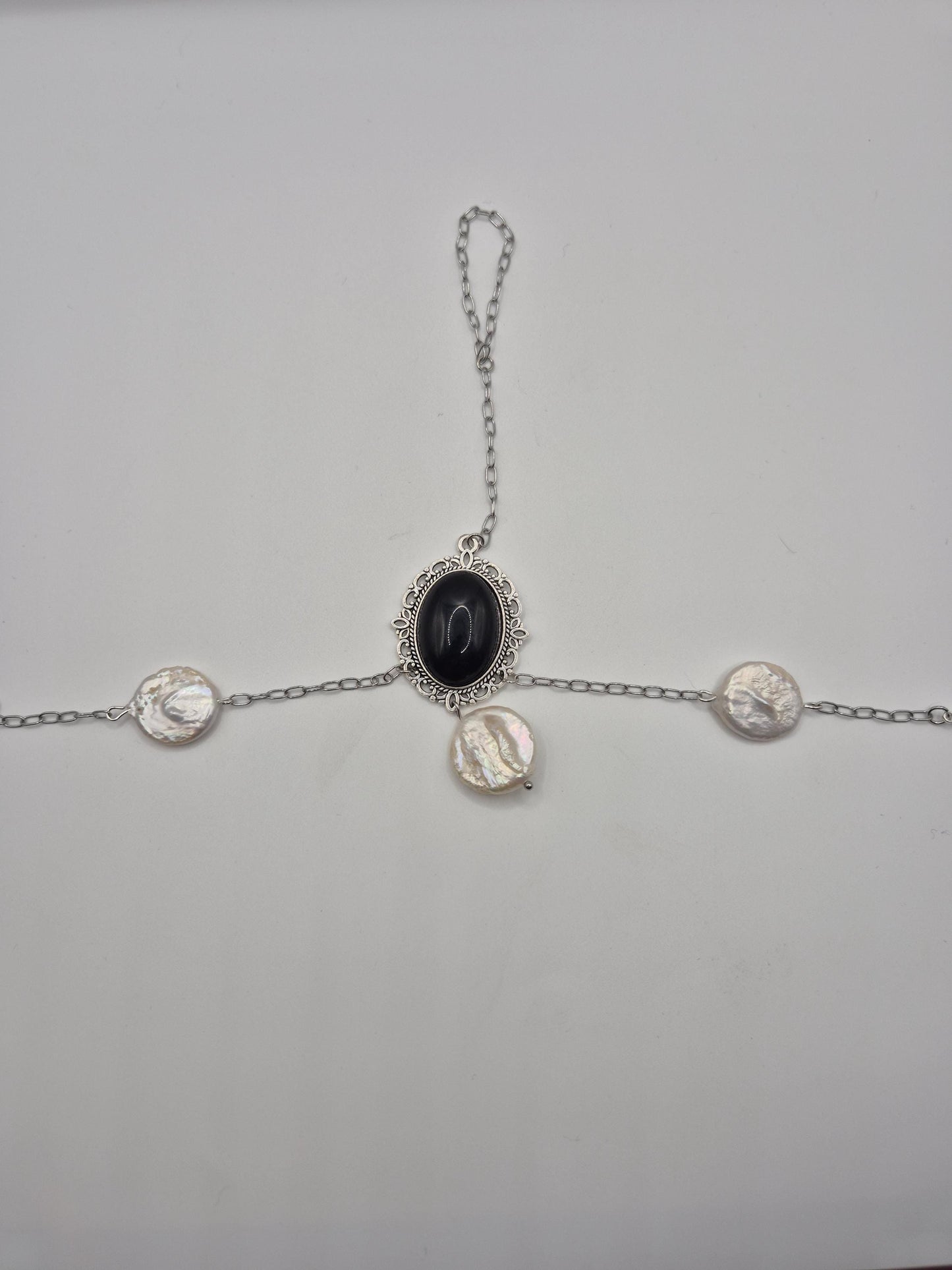 Victorian Midnight Cameo & Pearl Hand Chain Bracelet