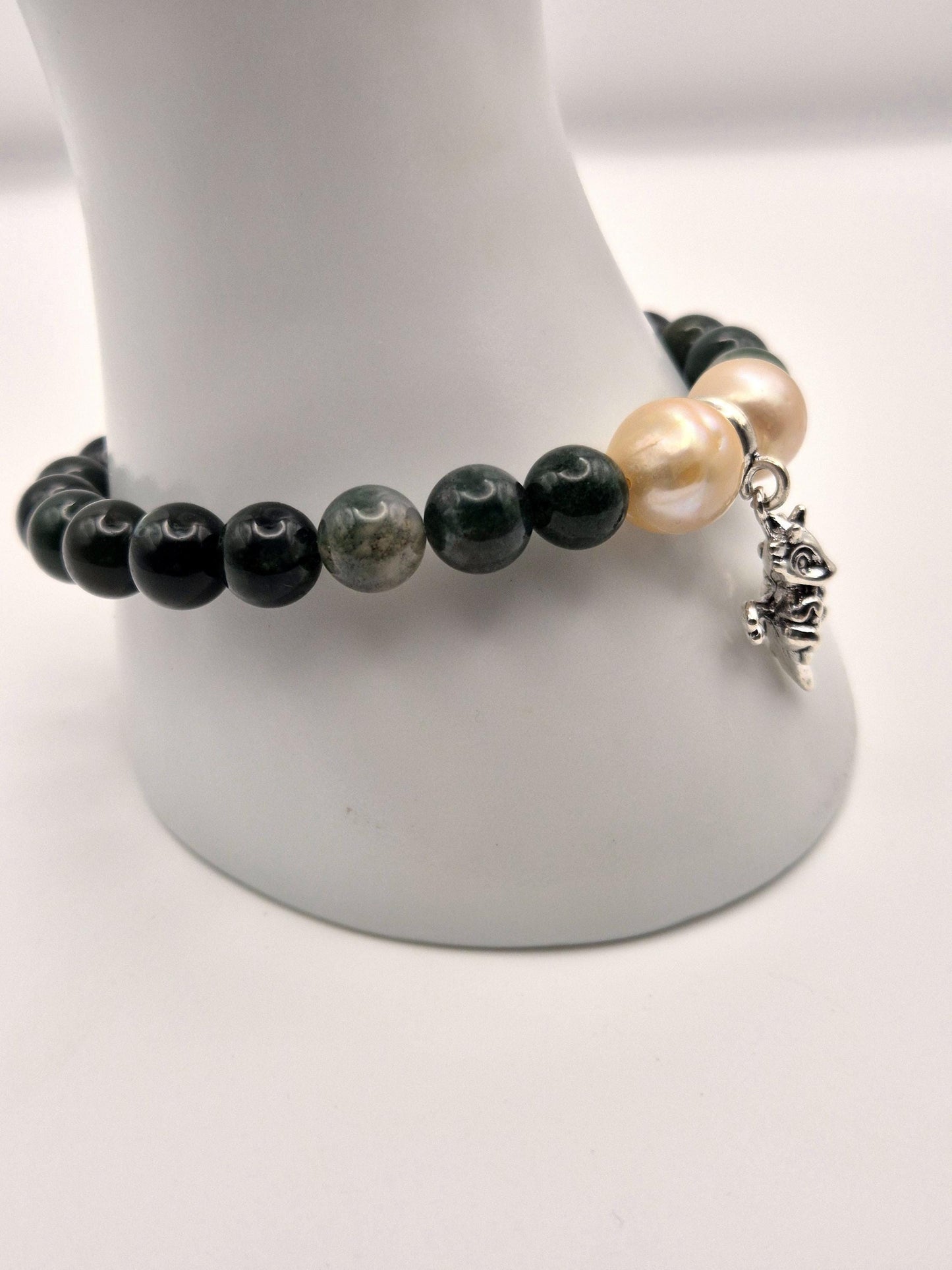 Moss Agate & Double Edison Dragon Charm Bracelet — Genuine Gemstone & Pearl