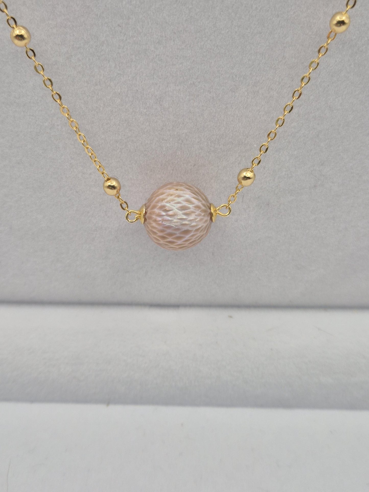 Golden Orb Carved Edison Pearl Necklace — Dragon Scale Design
