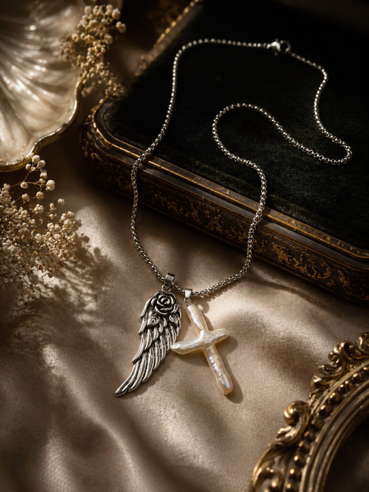 Angel Rose with Large Cross Pearl Necklace