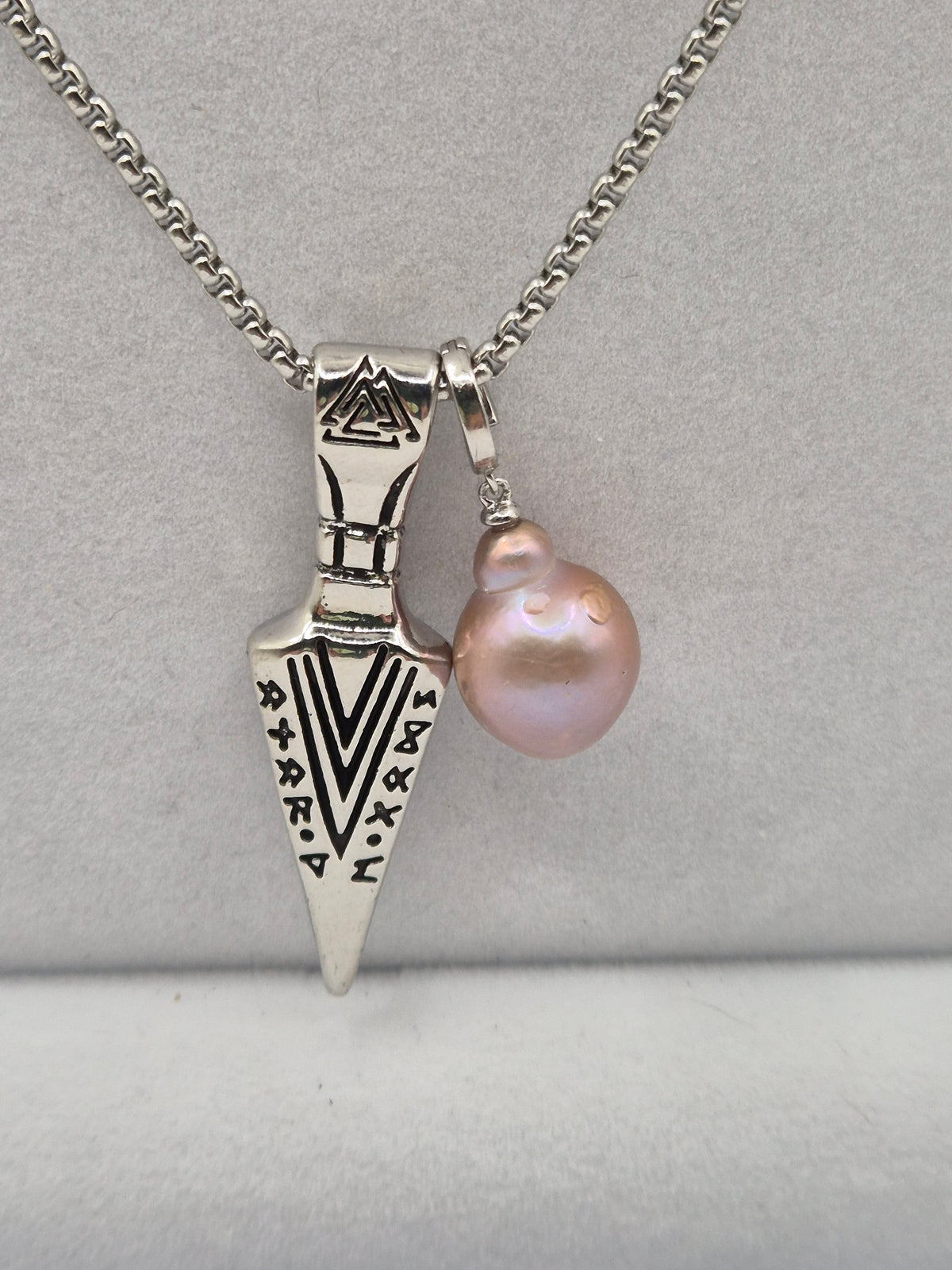 Etched Viking Arrow Head Pendant Necklace with Baroque Pearl
