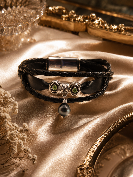 Triple Strand Leather Bracelet with Black Tahitian