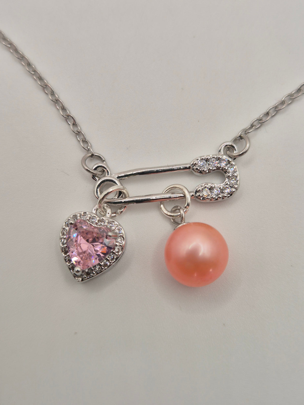 Pink Pearl & Heart Safety Pin Necklace