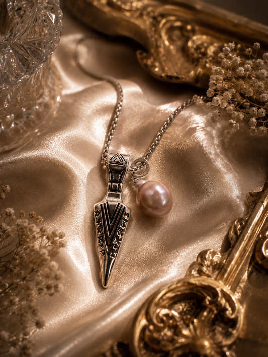 Etched Viking Arrow Head Pendant Necklace with Baroque Pearl