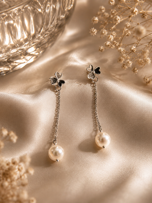 Silver Clover Pearl Drop Studs