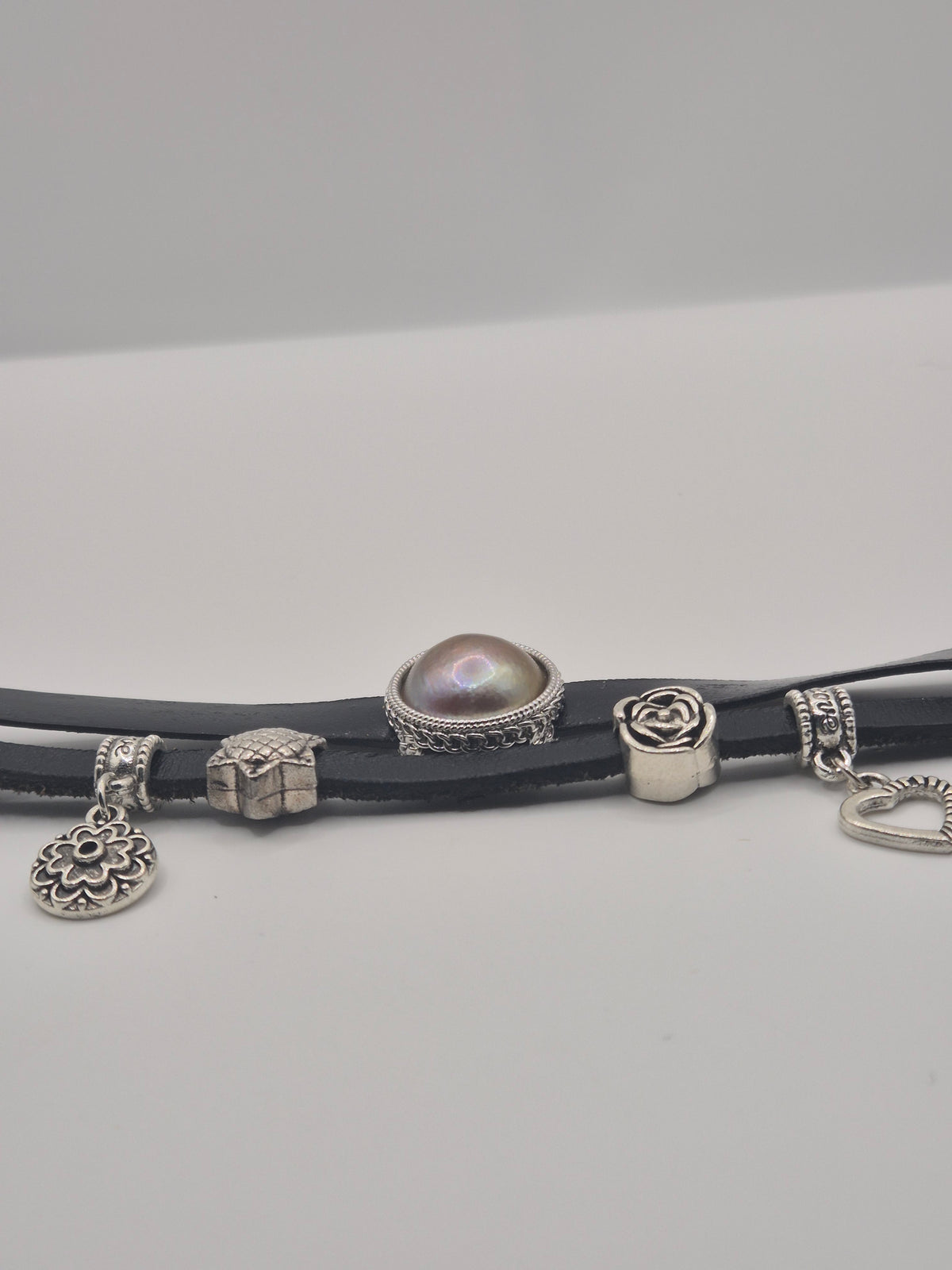 Saltwater Mabe & Charm Double Leather Strand Bracelet