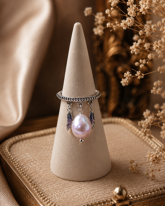 Tribal Feather Pearl Drop Ring
