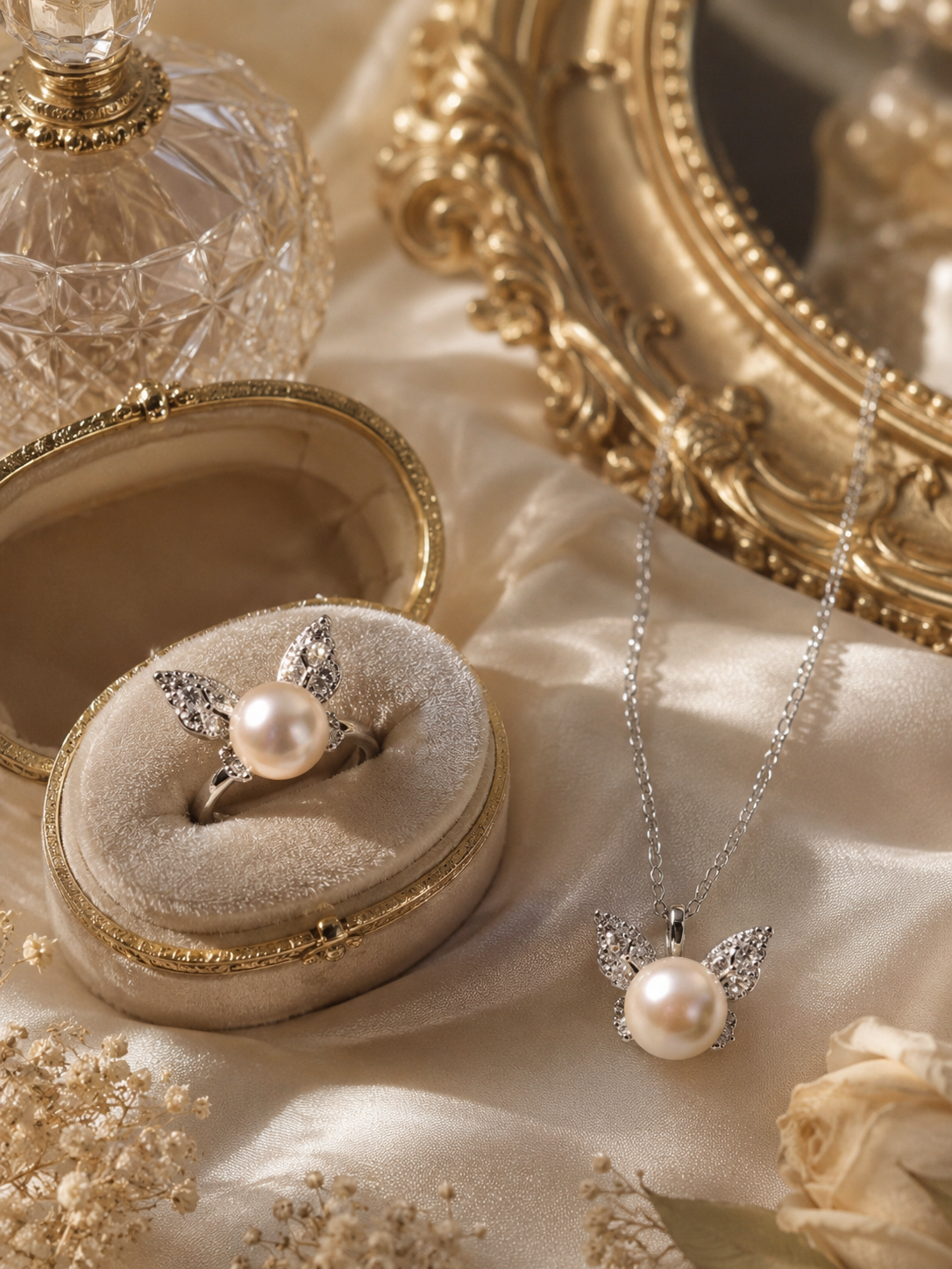 Graceful Butterfly Ring & Pendant Edison Pearl Set