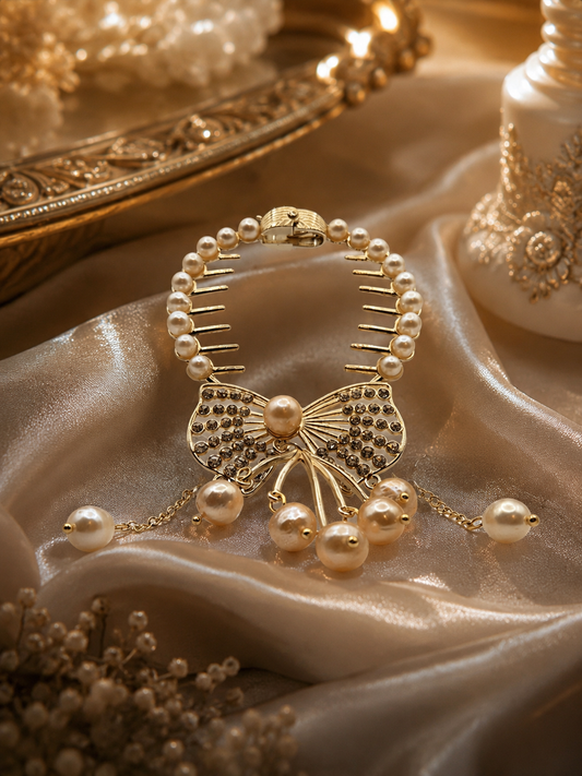 Gilded Bow Pearl Cascade Hair Comb