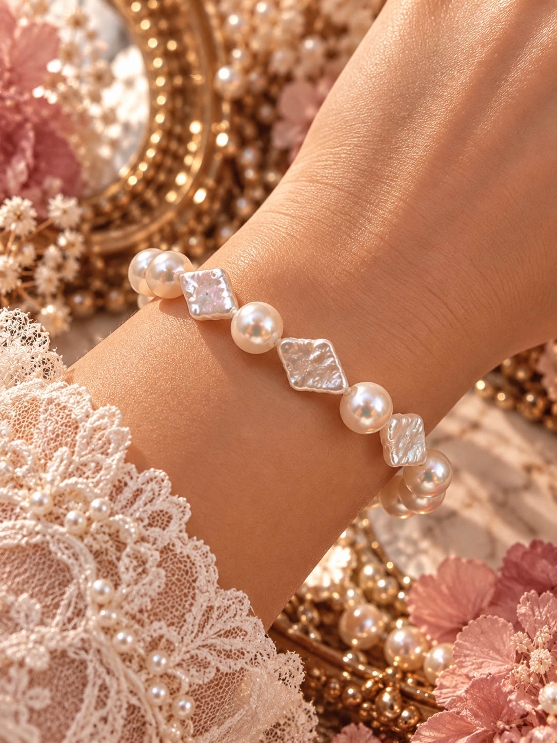 Delicate Diamond Multiple Pearl Stretch Bracelet