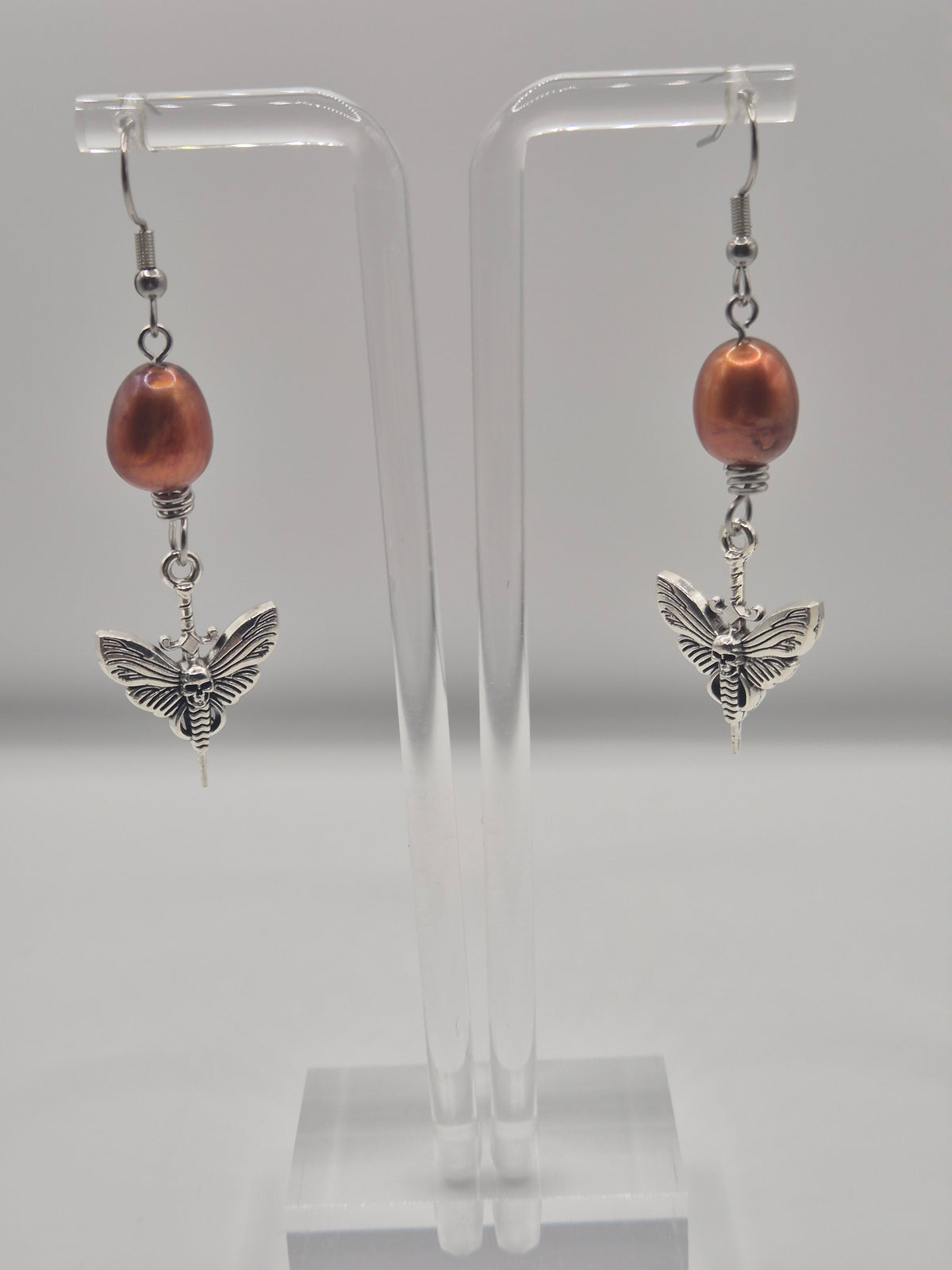 Death Moth Earrings with Burnt Orange Baroque Pearls