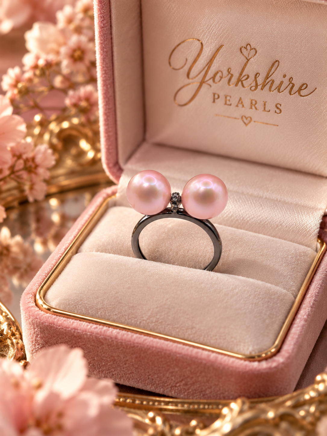 Double Pink Edison Pearl Black Band Ring