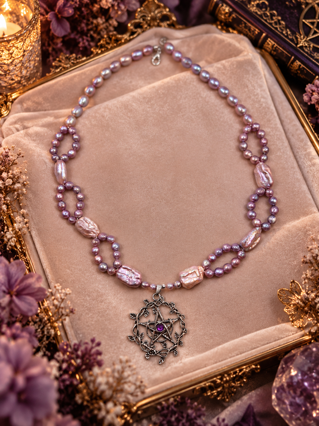 Purple Pearl Pentagram Pendant Necklace