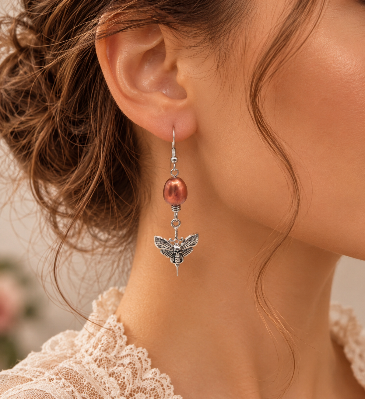 Death Moth Earrings with Burnt Orange Baroque Pearls
