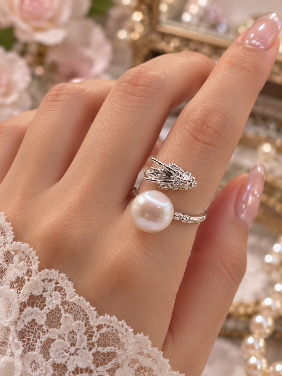 Sterling Silver Dragon Ring with XL Edison Pearl