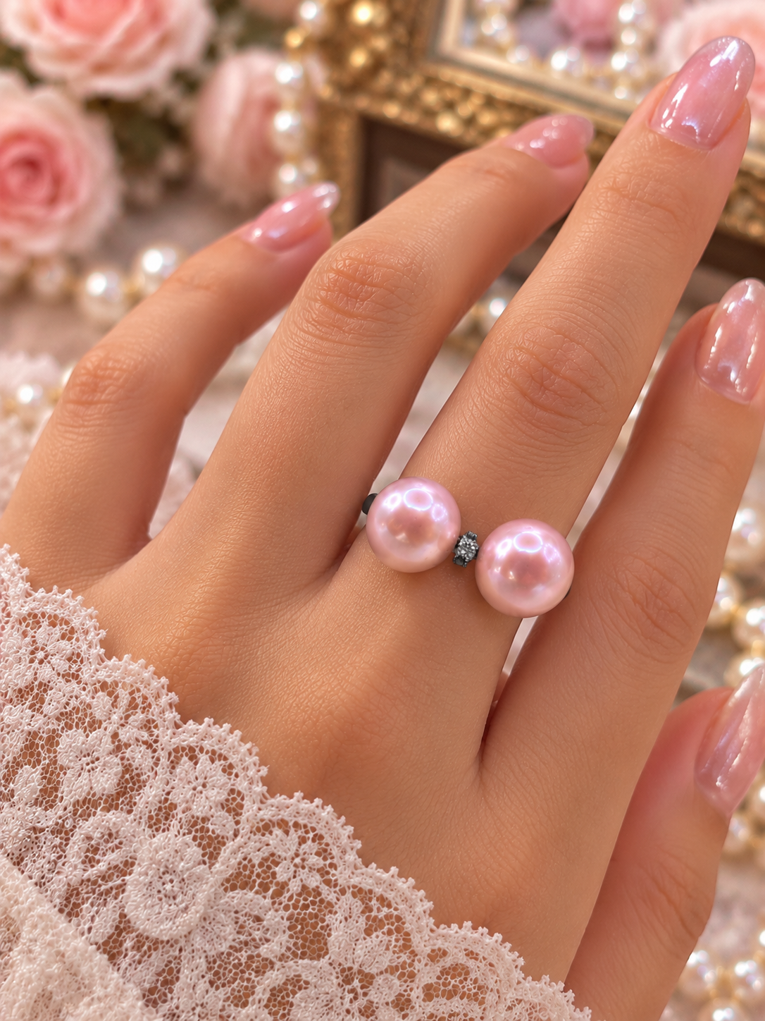 Double Pink Edison Pearl Black Band Ring
