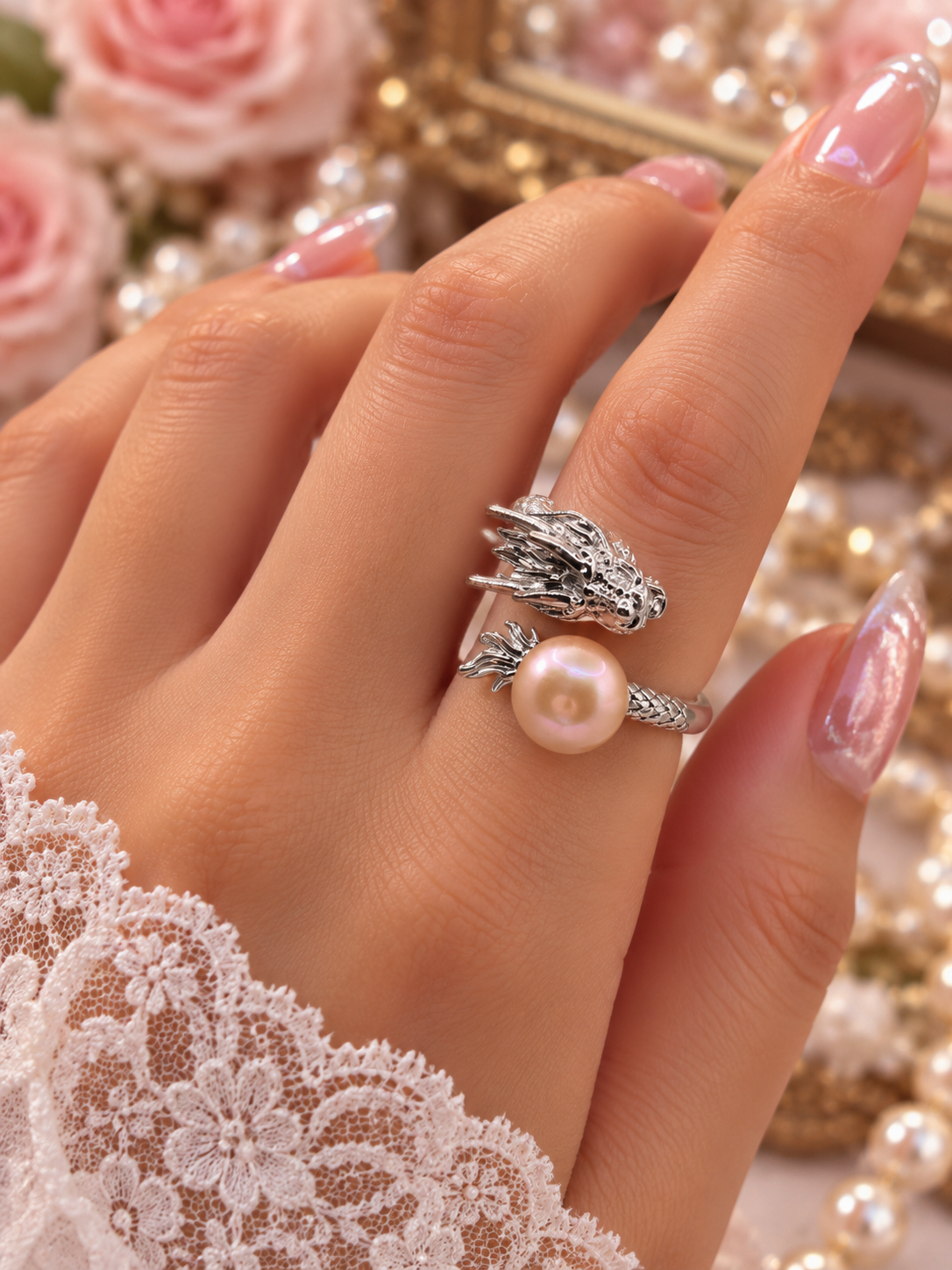 Silver Dragon Edison Pearl Ring