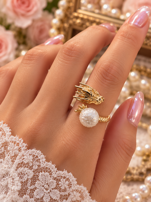 Golden Dragon with Carved Edison Pearl Ring