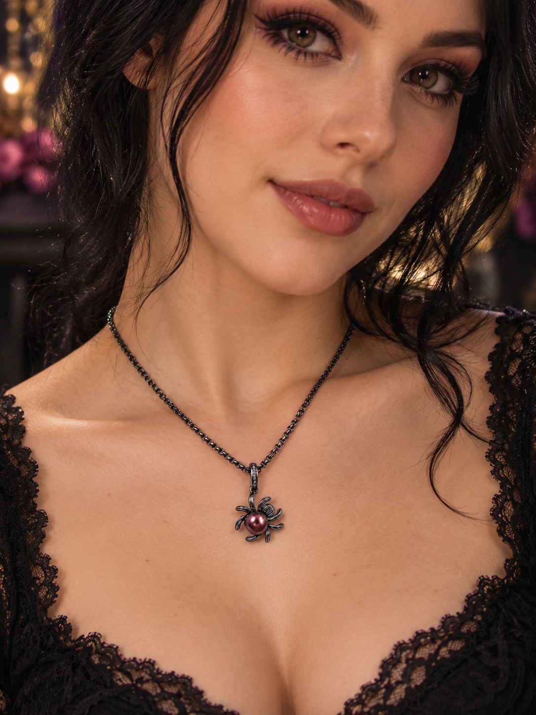 Bronze Pearl Black Spider Pendant