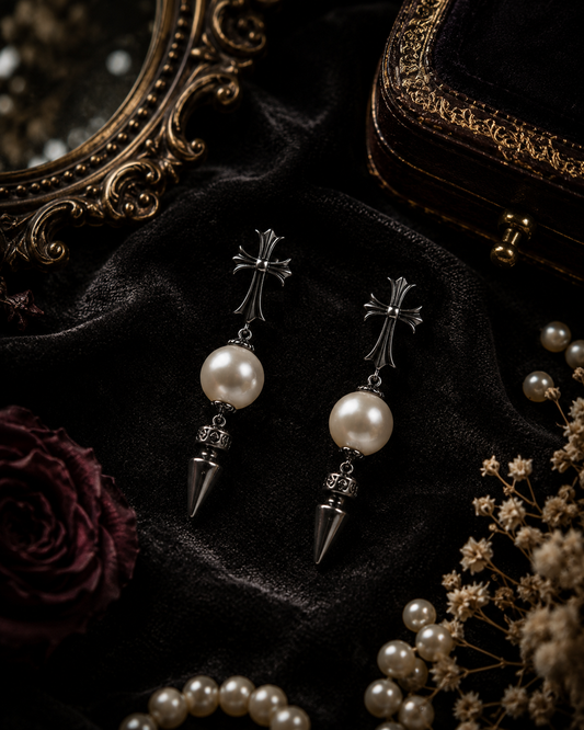 Nocturnal Crucifix Edison Pearl Drop Earrings