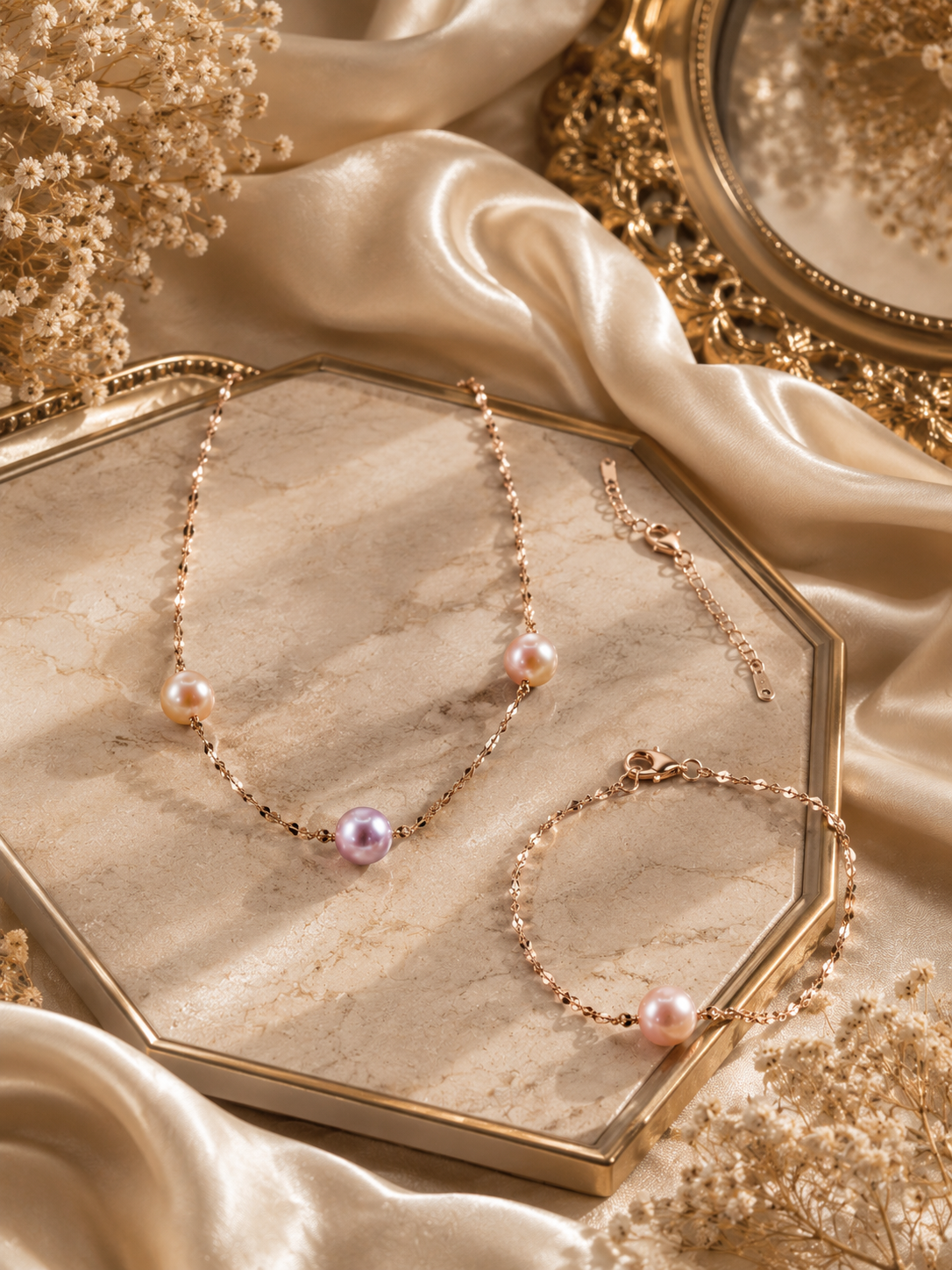 Starry Night Triple Edison Pearl Necklace with Bracelet Set