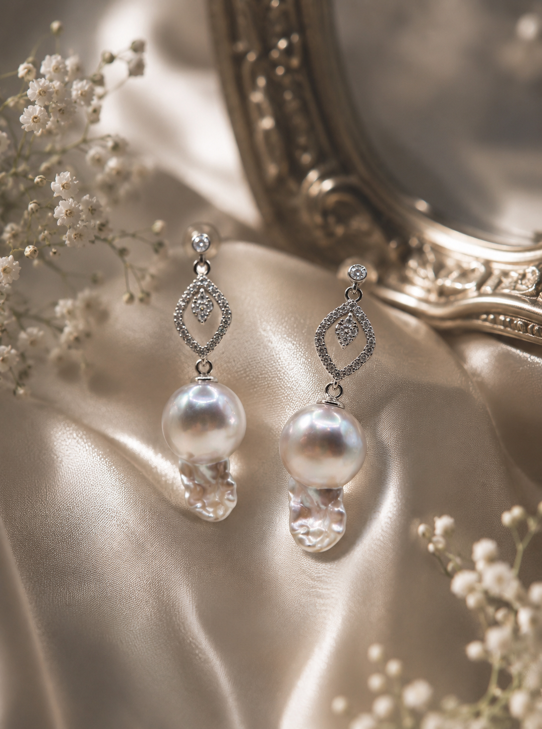 Diamond Dew Drop Earrings — Rare Saltwater Madama King Baroque Pearls
