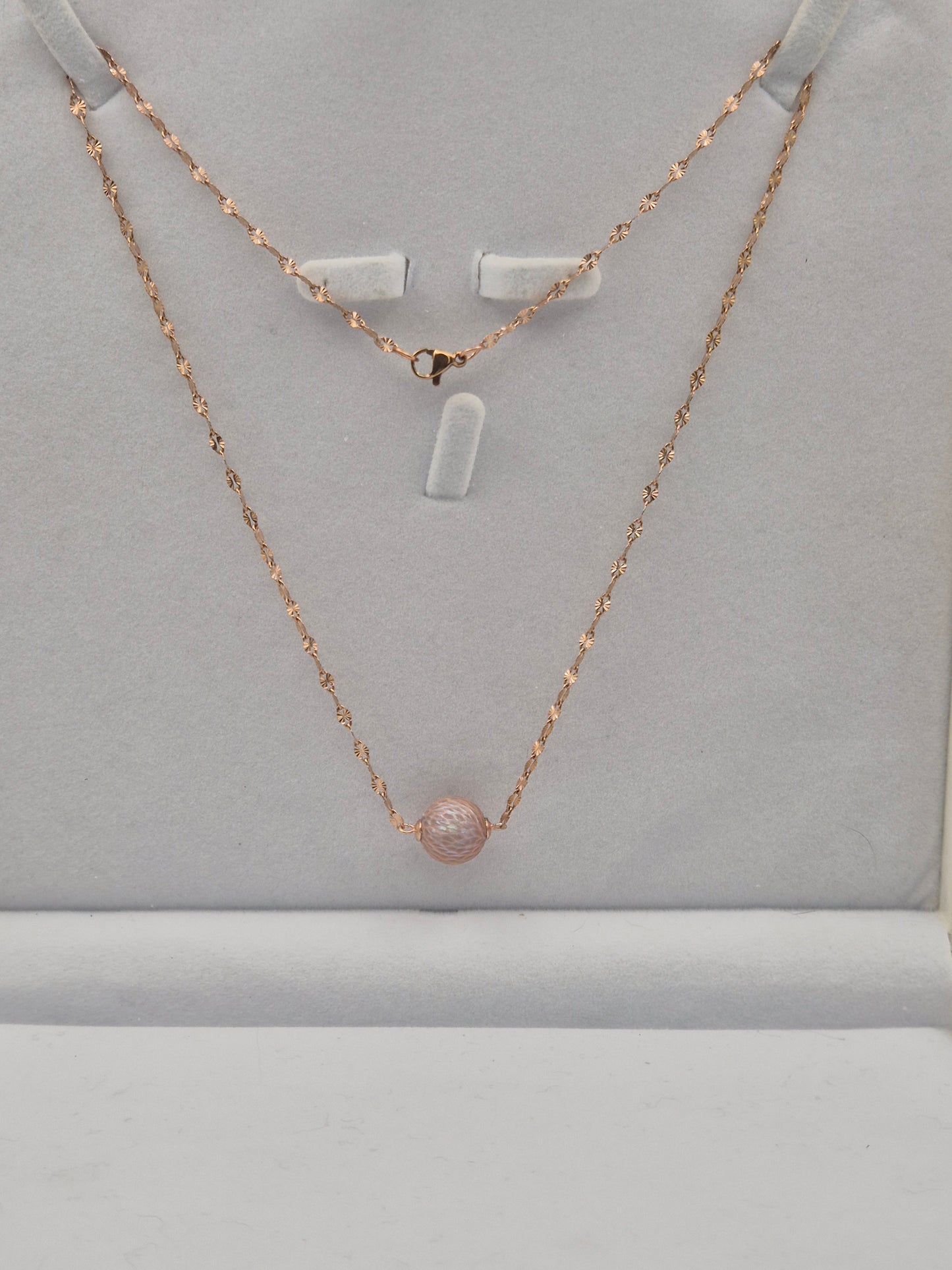 Elegant Rose Gold Floating Pearl Necklace — Carved Edison Pearl