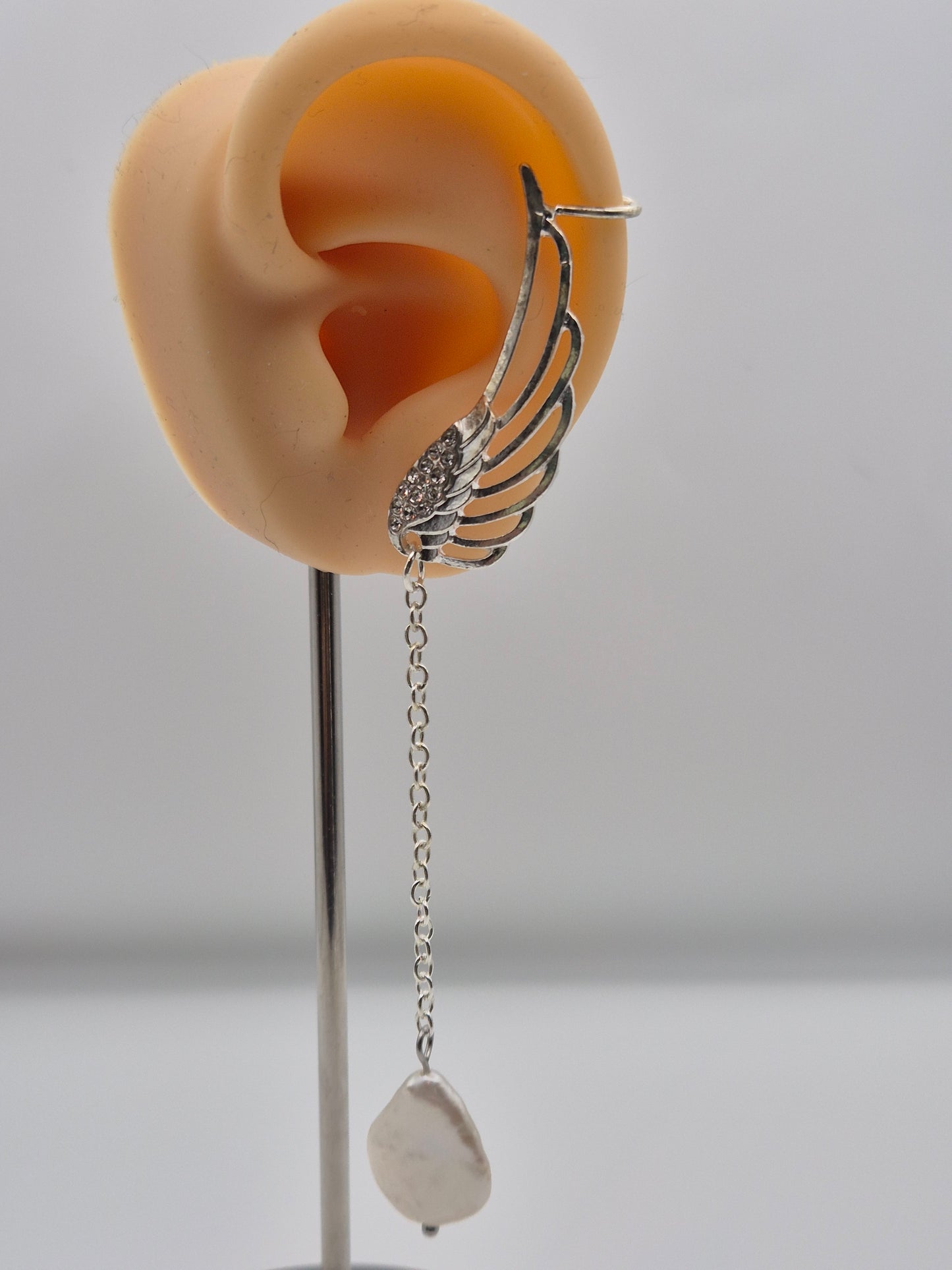 Angel Wing Teardrop Pearl Ear Stud & Cuff — No Second Piercing Needed