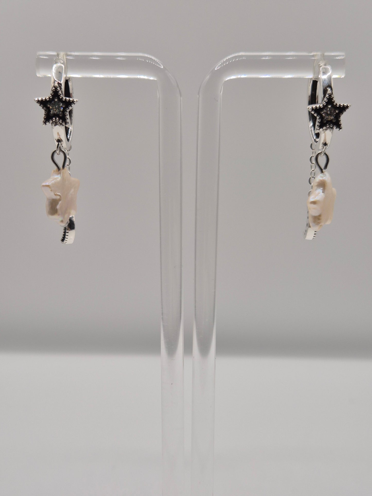Star & Moon Pearl Hoops — Genuine Star Pearl Sterling Silver