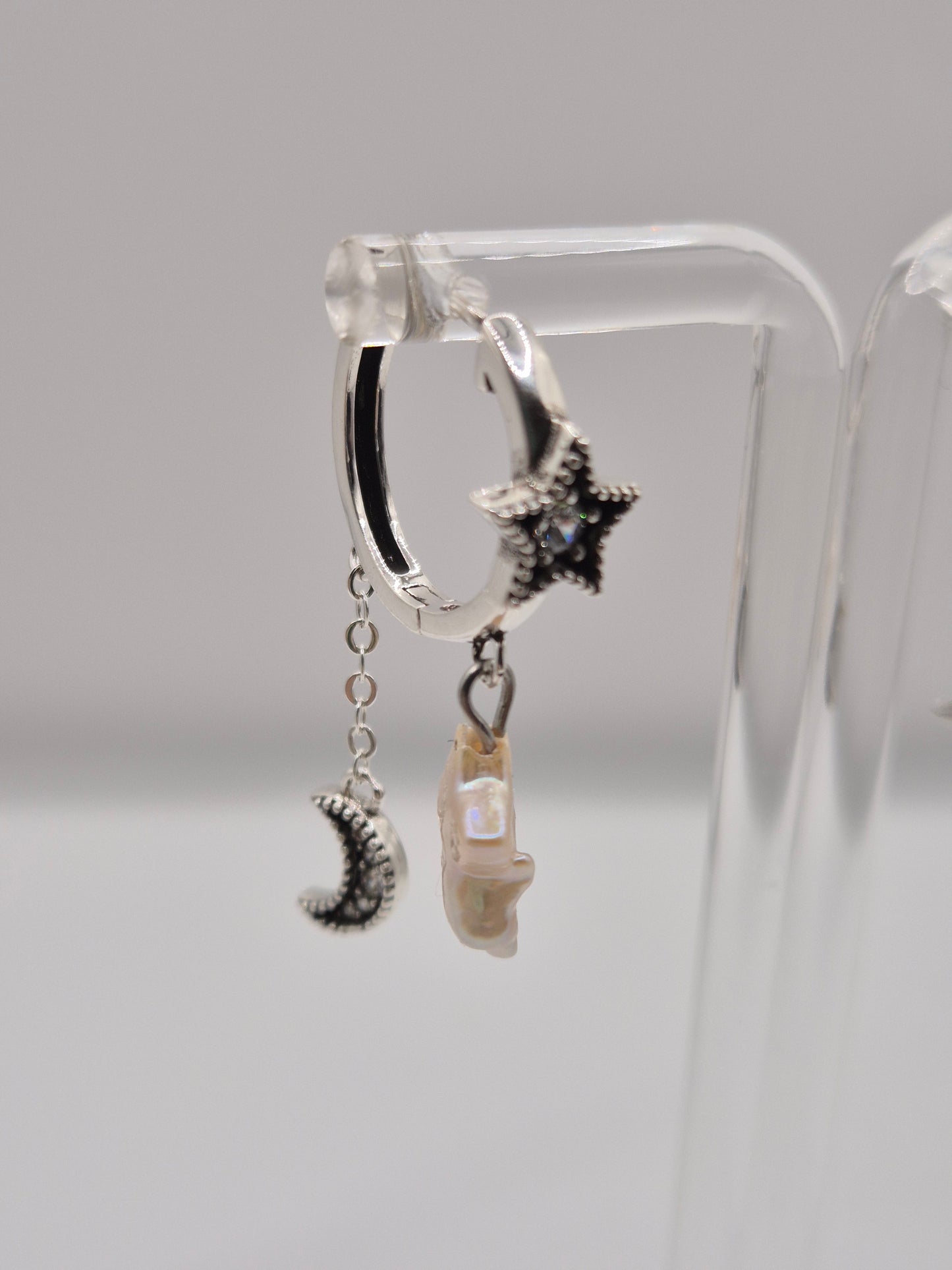 Star & Moon Pearl Hoops — Genuine Star Pearl Sterling Silver