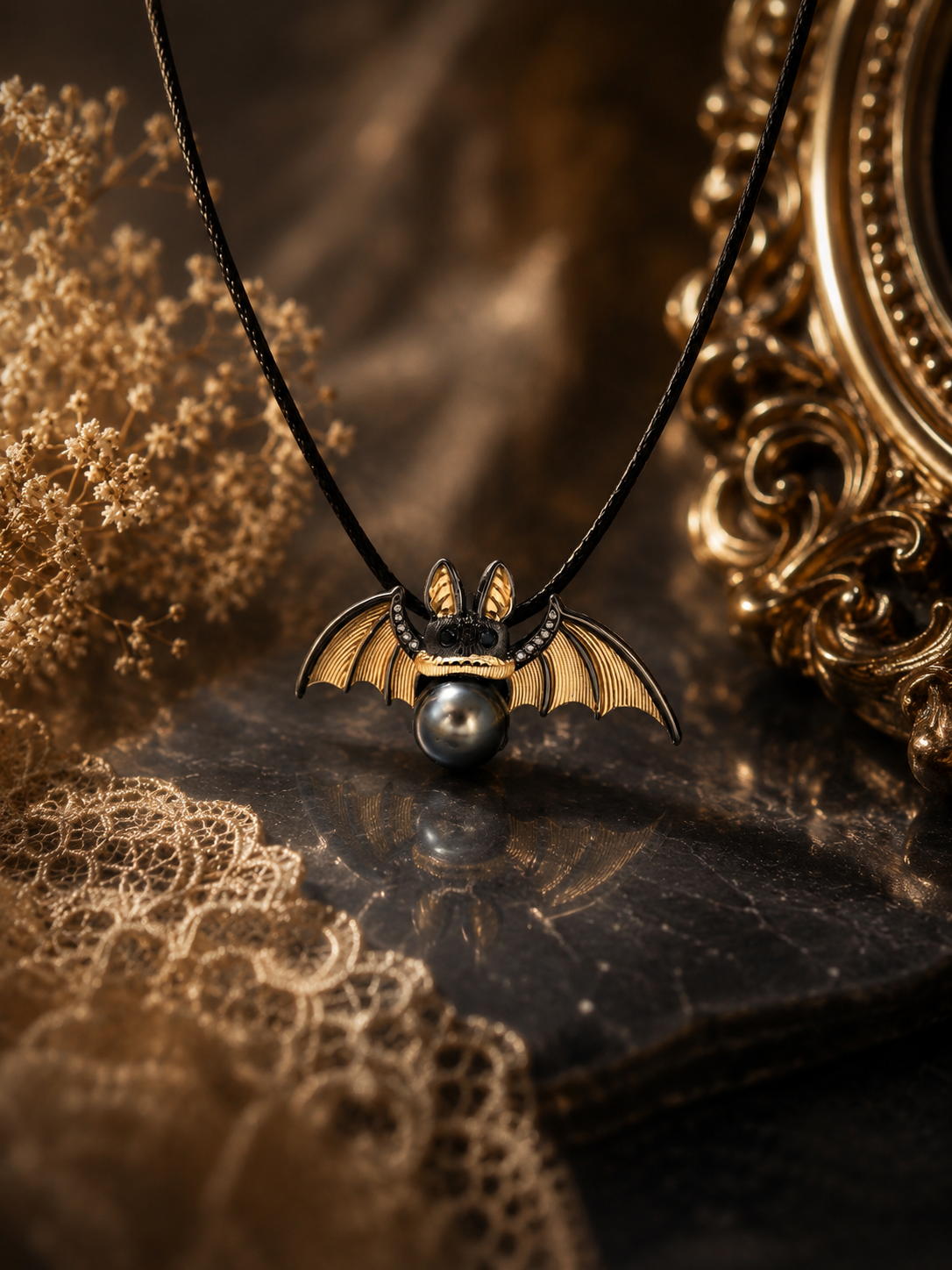 Black Tahitian Golden Bat Pendant & Pin - Sterling Silver
