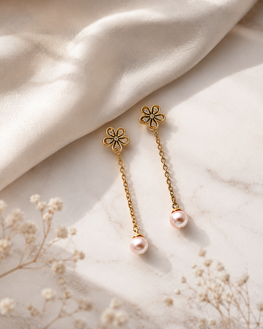 Golden Flower Removable Pearl Drop Earrings