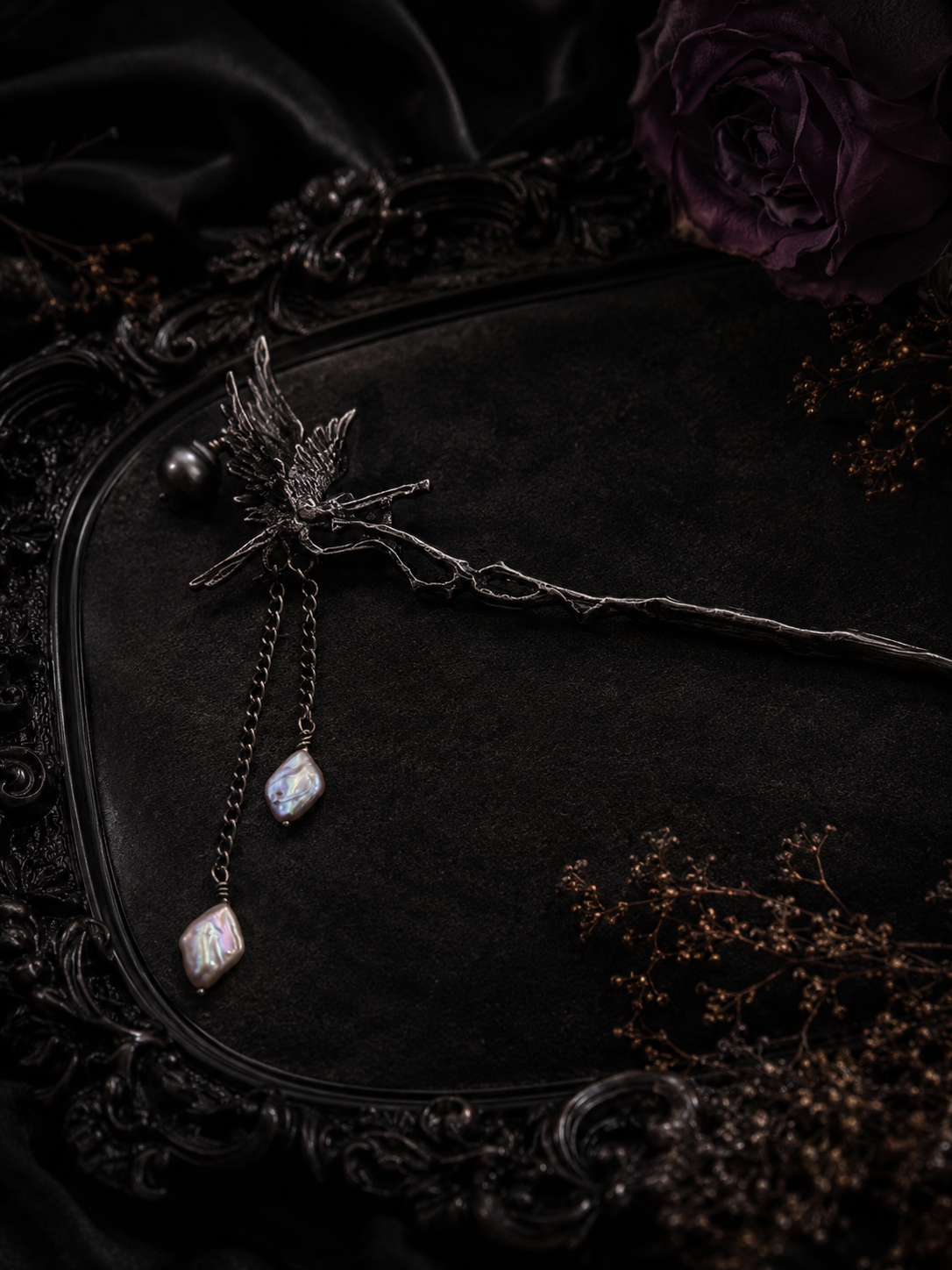 Enchanted Raven Hair Pin with Black Tahitian Pearl