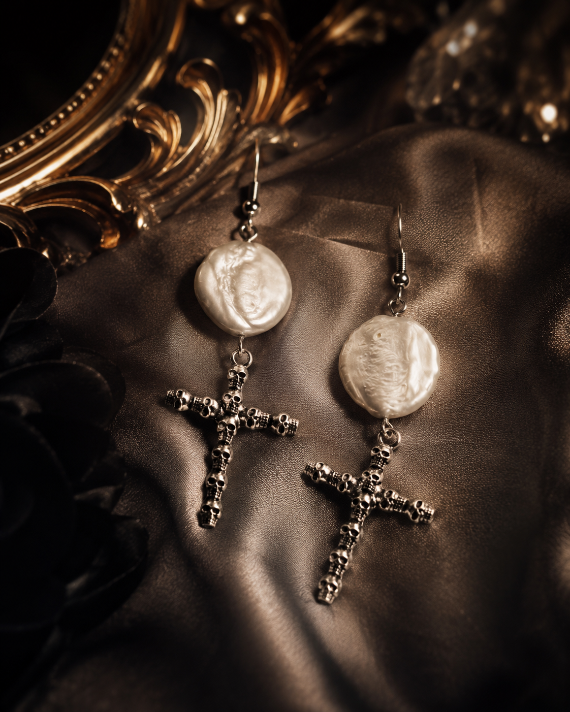 Skull Cross Large Button Pearl Earrings