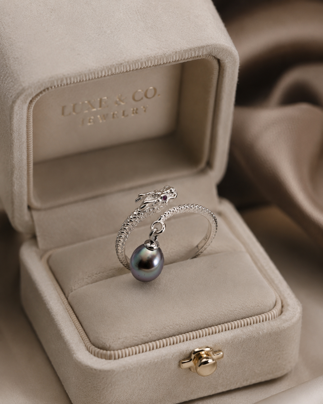 Spiral Dragon Pearl Ring — Adjustable Sterling Silver Genuine Pearl
