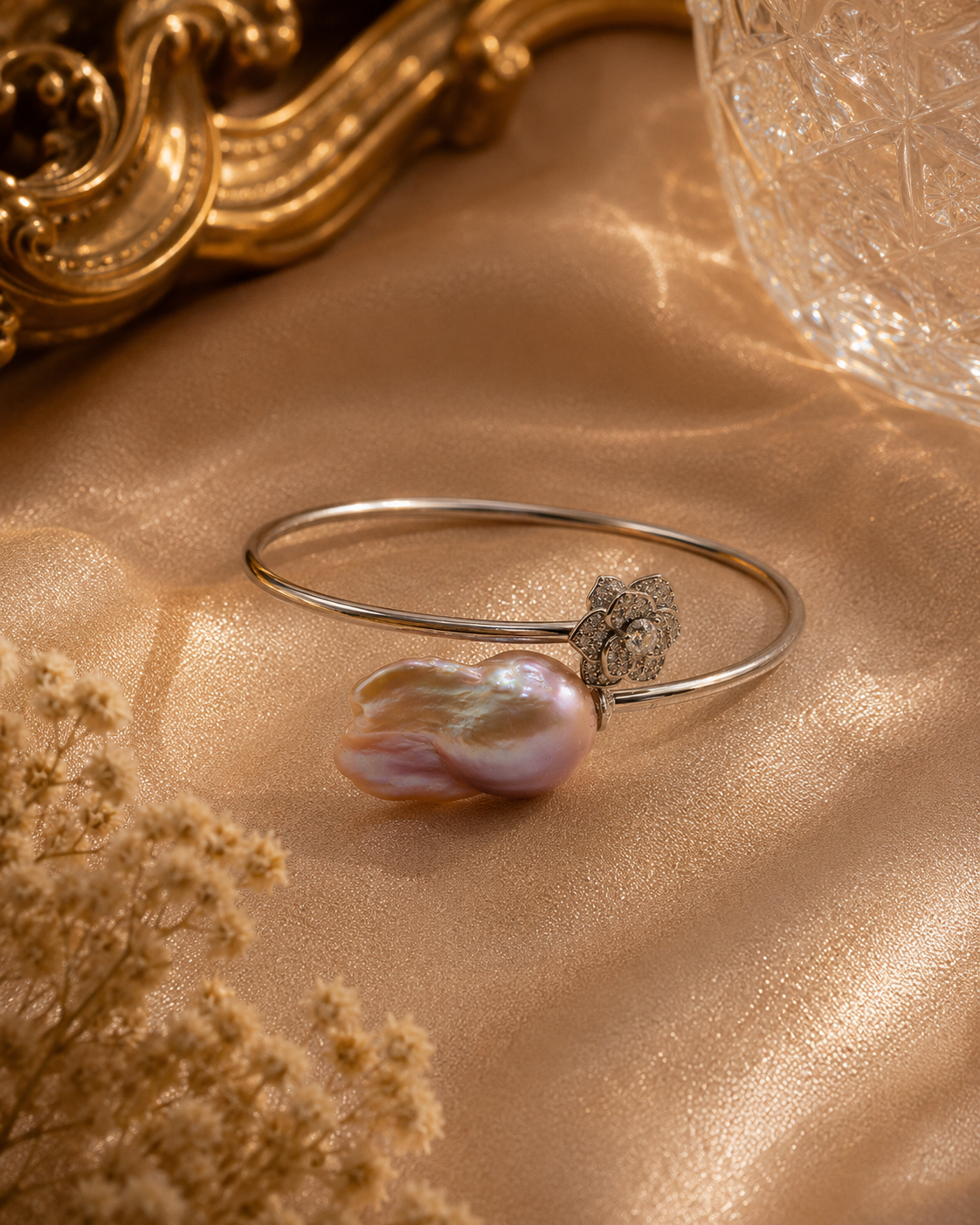 The King Flower Sterling Silver Bangle - Large Baroque Pearl