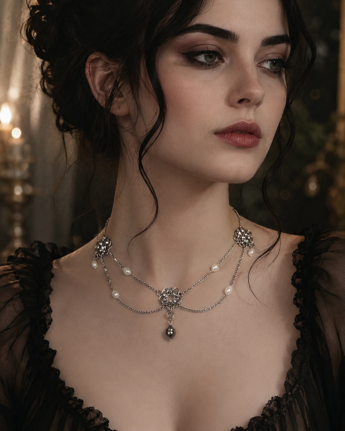 Chainmaille Rosette Multiple Pearl Necklace with Genuine Black Tahitian