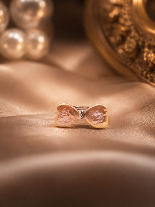 Double Heart Pearl Ring - Sterling Silver