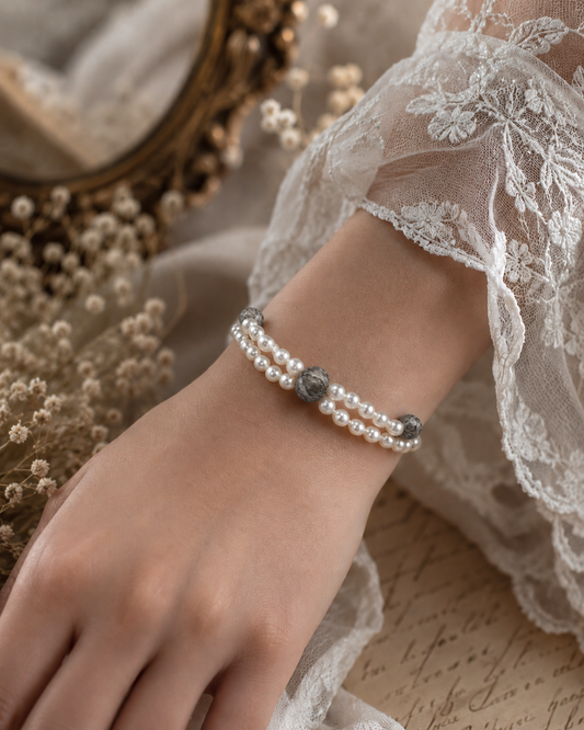 Carved Black Tahitian & White Pearls Full String Bracelet